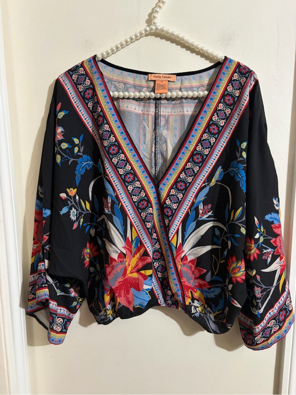 Flying Tomato Black Floral V-Neck Boho Blouse with Bright Border